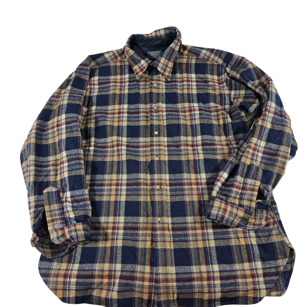 Pendleton Board Shirt Mens XL Blue Tan Plaid 100% Virgin Wool Made in USA 15294